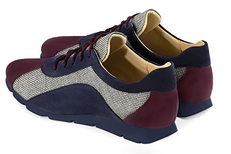 Wine red, dove grey and navy blue women's open back shoes. Round toe. Flat rubber soles. Rear view - Florence KOOIJMAN